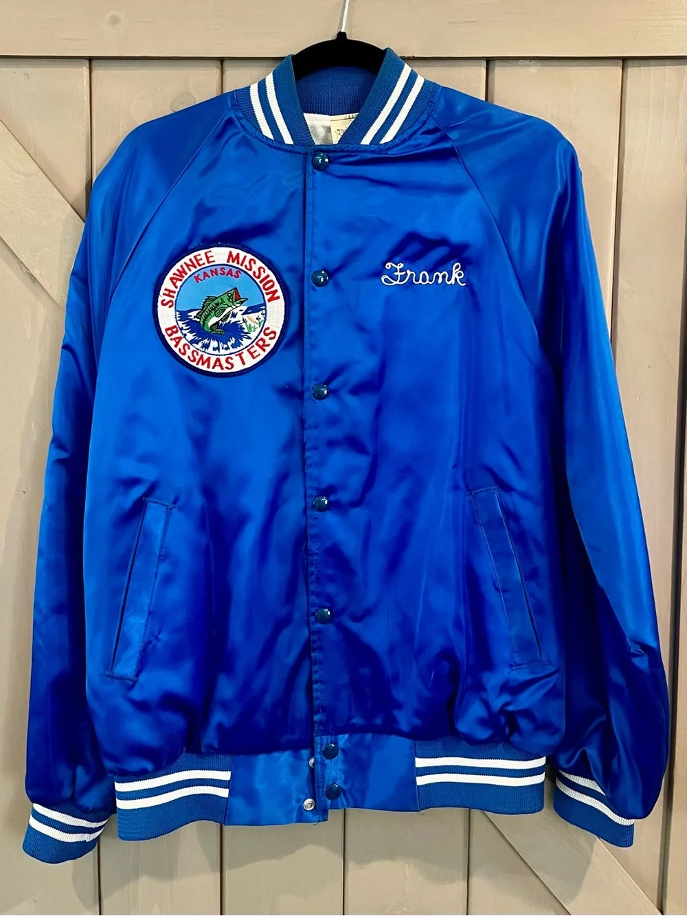 Vintage Shawnee Mission Bassmasters Blue Satin Bomber Jacket with Embroidery